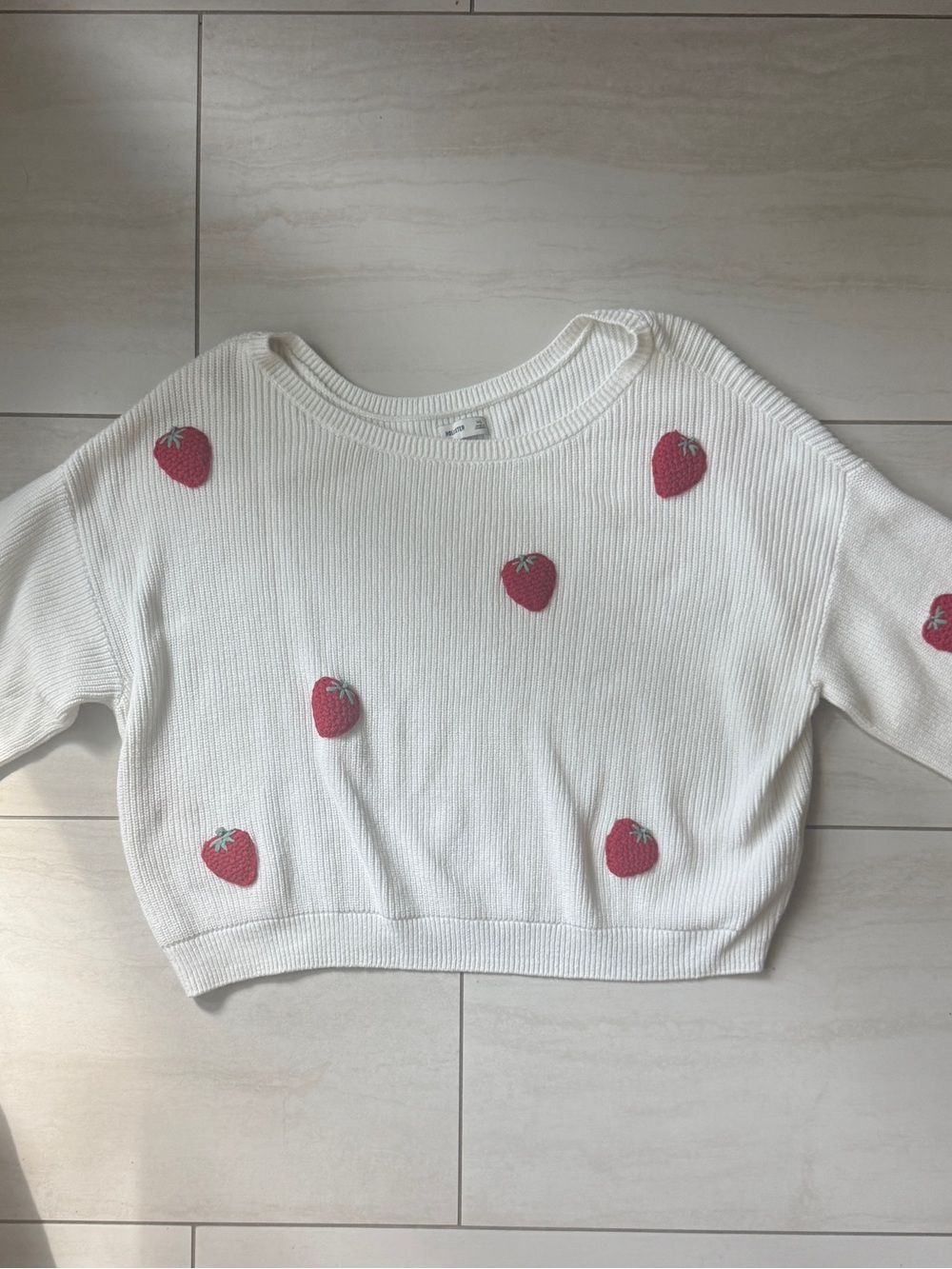 Hollister White Cropped Crewneck Sweater with Pink Strawberry Embroidery